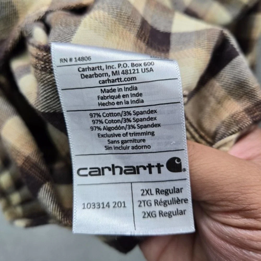 Carhartt Men Button Up Shirt 2XL Beige Plaid Flannel Relaxed‎ Fit Rugged Flex